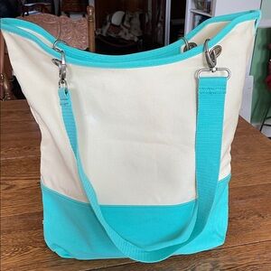 Thirty-One Cream and Turquoise Canvas Crew Tote